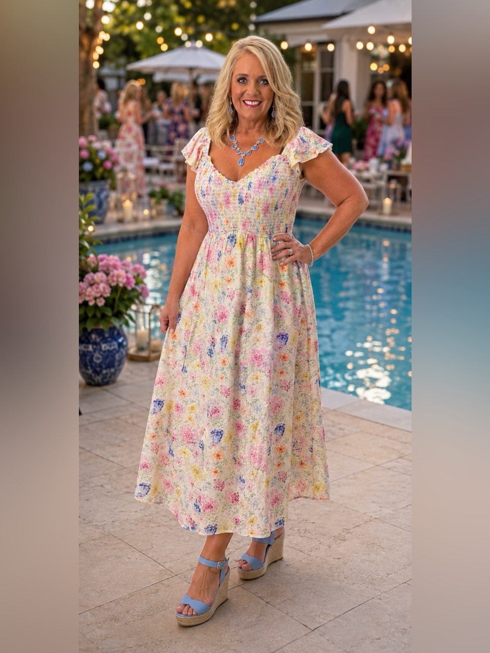 Smocked Floral Maxi Dress in Cream with Pastel Blooms Large NWT